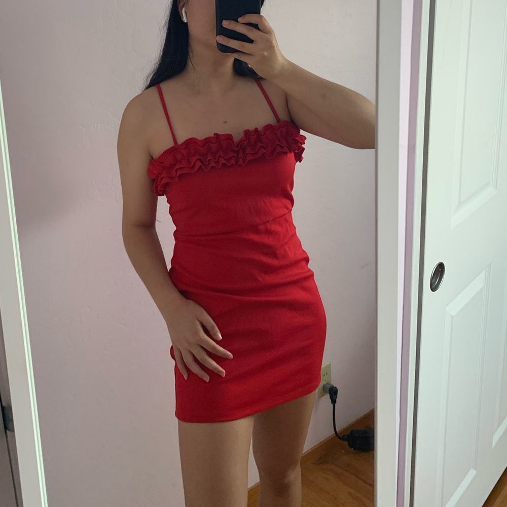 Red Bodycon Mini Dress with Ruffle Details